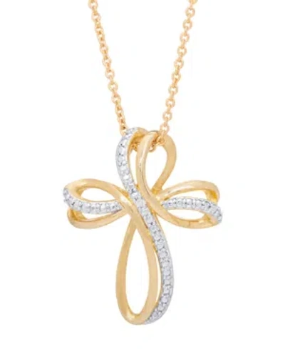 Macy's Two Tone Diamond Accent Ribbon Cross Pendant 18" Necklace In Gold
