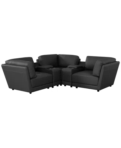 Macy's Versa 5-pc. L-shape Leather Sectional With 2 Consoles In Black