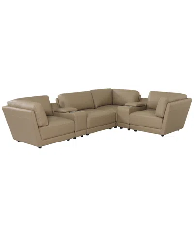 Macy's Versa 6-pc. L-shape Leather Sectional With 2 Consoles In Brown