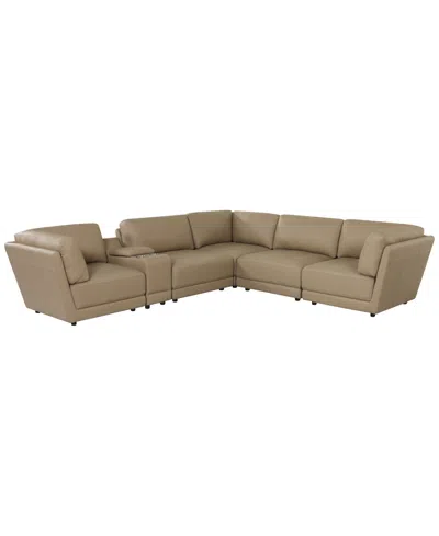 Macy's Versa 6-pc. L-shape Leather Sectional With Console In Brown