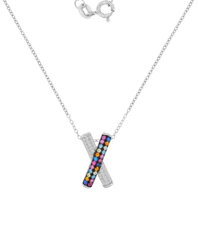 Macy's White And Multi-color Cubic Zirconia Crisscross Pendant Necklace In Sterling Silver