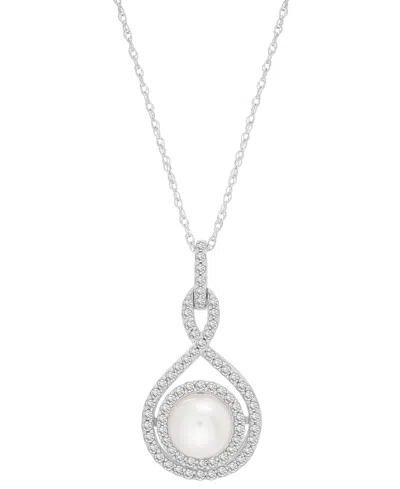 Macy's White Cultured Freshwater Pearl (6-1/2mm) And Diamond (1/4 Ct. T.w.) Pendant Necklace In 14k White G
