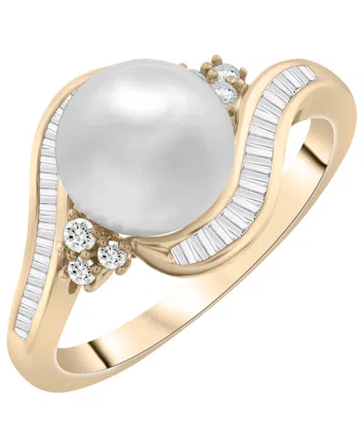 Macy's White Cultured Freshwater Pearl (8mm) And Diamond (1/4 Ct. T.w.) Swirl Ring In 14k Yellow Gold
