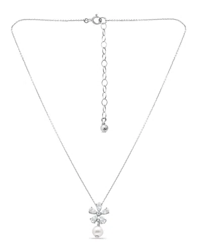 Macy's White Cultured Pearl And Cubic Zirconia Floral Pendant Necklace In Silver