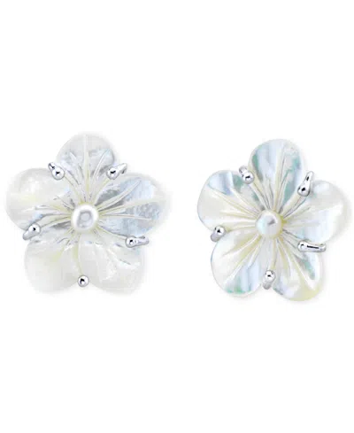 Macy's White Mother Of Pearl & Cultured Freshwater Pearl (5mm) Flower Stud Earrings In Sterling Silver