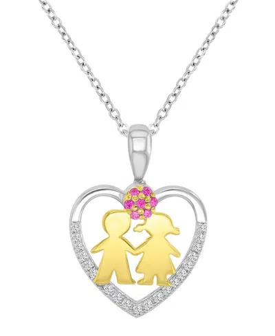 Macy's White Sapphire (0.21 Ct. T.w.) And Created Ruby (0.21 Ct. T.w.) Heart Necklace In 14k Yellow And Whi In Orange