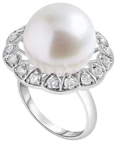 Macy's White South Sea Pearl (14mm) And Diamond (3/4 Ct. T.w.) Ring In 14k White Gold In Silver