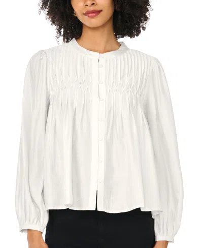 Macy's Women's Button-front Long-sleeve Crewneck Blouse In Antique White