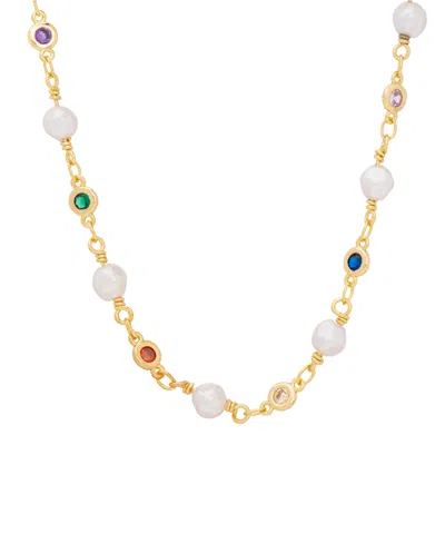 Macy's Women's Imitation Pearl And Stimulated Gemstones Necklace In Gold