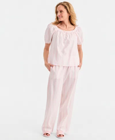 Macy's Women's Mother's Day Woven Stripe Pj Set, Created For  In Pink