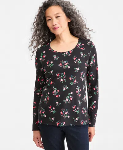Macy's Women's Printed Long-sleeve Scoop-neck Top,  Exclusive In Black