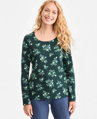 Macy's Women's Printed Long-sleeve Scoop-neck Top,  Exclusive In Green