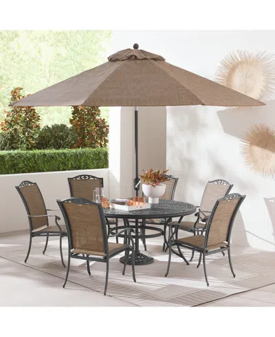 Macy's Wythburn Outdoor Dining 7pc Set (60" Round Table & 6 Filigree Sling Dining Chairs), Created For Macy In Brown