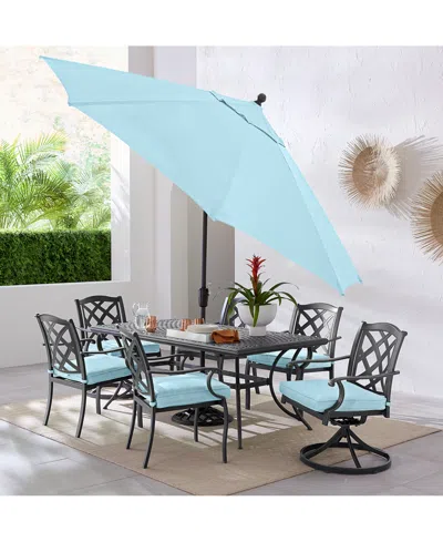 Macy's Wythburn Outdoor Dining 7pc Set (72"x38" Table & 4 Lattice Dining Chairs & 2 Lattice Swivel Chairs), In Pewter,spa Light Blue