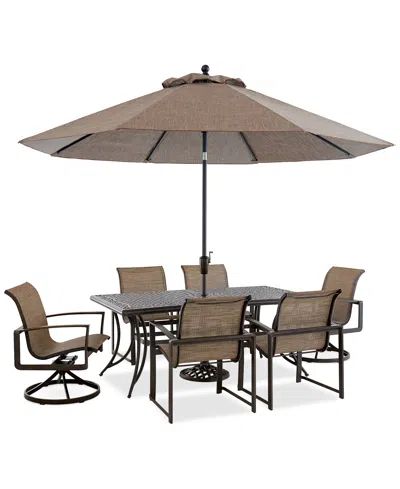 Macy's Wythburn Outdoor Dining 7pc Set (72"x38" Table & 4 Sleek Sling Dining Chairs & 2 Sleek Sling Swivel  In Pewter,mocha Grey