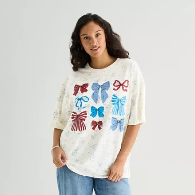 Mad Engine Americana Bows Womens Juniors Crew Neck Short Sleeve Oversized Graphic T-shirt In White