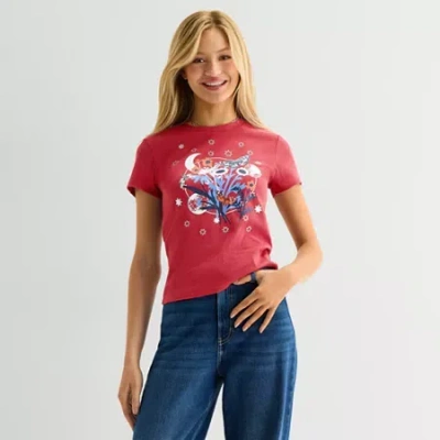 Mad Engine Americana Butterfly Baby Tee Womens Juniors Crew Neck Short Sleeve Fitted Graphic T-shirt In Red