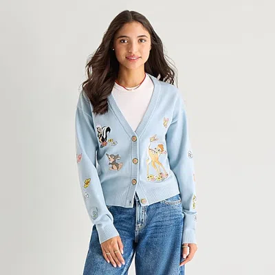 Mad Engine Bambi Cardigan Womens Plunging Neck Long Sleeve Button Bambi Juniors Cardigan In Blue