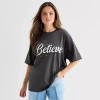 Mad Engine Believe Oversized Tee Womens Juniors Crew Neck Short Sleeve Oversized Graphic T-shirt In Black