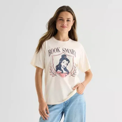 Mad Engine Belle Reading Boyfriend Tee Womens Juniors Crew Neck Short Sleeve Loose Fit Belle Graphic T-shirt In White