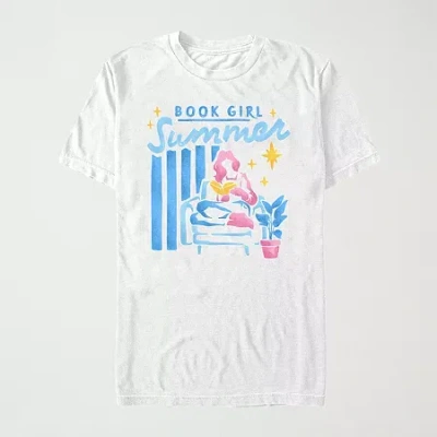 Mad Engine Book Girl Summer Womens Juniors Crew Neck Short Sleeve Regular Fit Graphic T-shirt In White