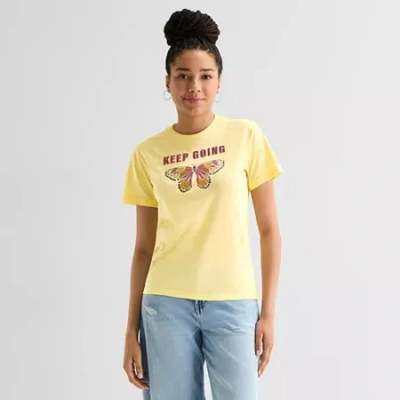 Mad Engine Butterfly Keep Going Boyfriend Tee Womens Juniors Crew Neck Short Sleeve Loose Fit Graphic T-shirt In Yellow