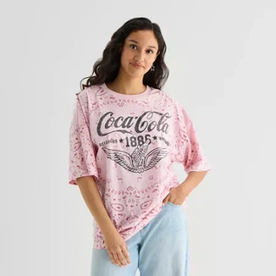Mad Engine Coca-cola Bandana Oversized Tee Womens Juniors Crew Neck Short Sleeve Oversized Graphic T-shirt In Pink