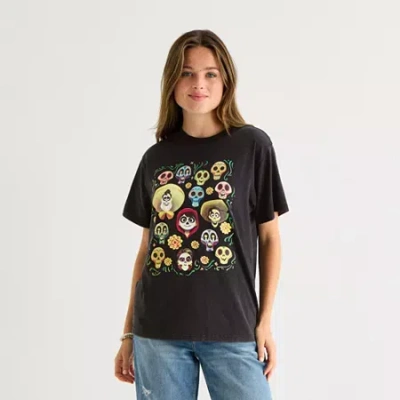 Mad Engine Coco Dia De Los Muertos Womens Juniors Crew Neck Short Sleeve Regular Fit Graphic T-shirt In Black