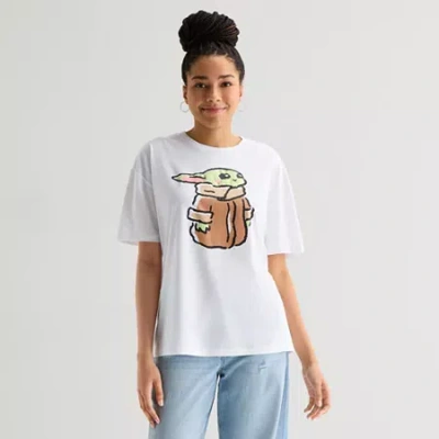 Mad Engine Grogu Oversized Tee Womens Juniors Crew Neck Short Sleeve Oversized Star Wars Graphic T-shirt In White