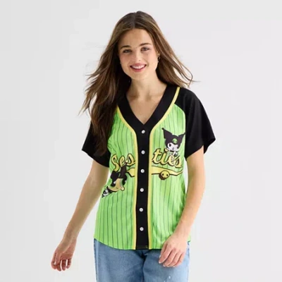 Mad Engine Hk X Ppg Baseball Jeresey Womens Juniors V Neck Short Sleeve Hello Kitty Powerpuff Girls Jersey In Green