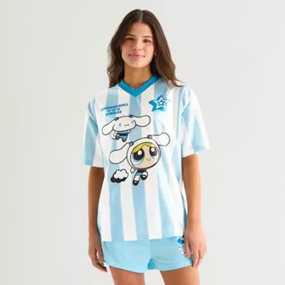 Mad Engine Hk X Ppg Bubbles Soccer Jersey Womens Juniors V Neck Short Sleeve Hello Kitty Powerpuff Girls Jersey In Blue