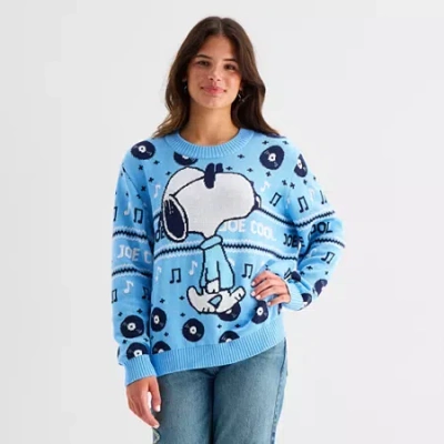 Mad Engine Juniors Womens Crew Neck Long Sleeve Peanuts Snoopy Pullover Sweater In Blue