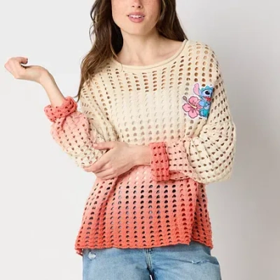 Mad Engine Juniors Womens Round Neck Long Sleeve Lilo & Stitch Pullover Sweater In Orange