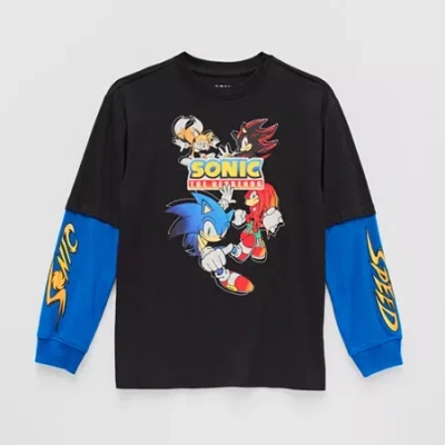Mad Engine Little & Big Kid Boys Crew Neck Long Sleeve Regular Fit Sonic The Hedgehog Graphic T-shirt In Black
