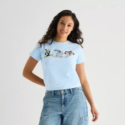 Mad Engine Looney Toons Baby Tee Womens Juniors Crew Neck Short Sleeve Fitted Looney Tunes Graphic T-shirt In Blue