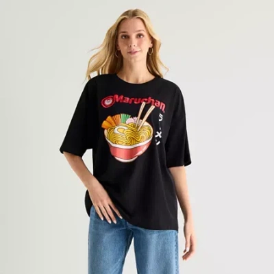 Mad Engine Ramen Oversized Tee Womens Juniors Crew Neck Short Sleeve Oversized Graphic T-shirt In Black