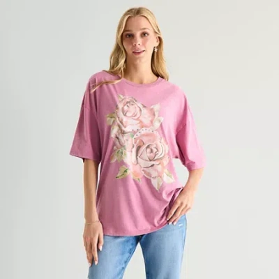 Mad Engine Roses Oversized Tee Womens Juniors Crew Neck Short Sleeve Oversized Graphic T-shirt In Pink