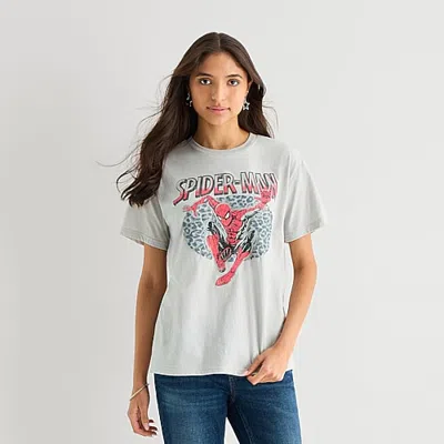 Mad Engine Spider Man Boyfriend Tee Womens Juniors Crew Neck Short Sleeve Loose Fit Spiderman Graphic T-shirt In Gray