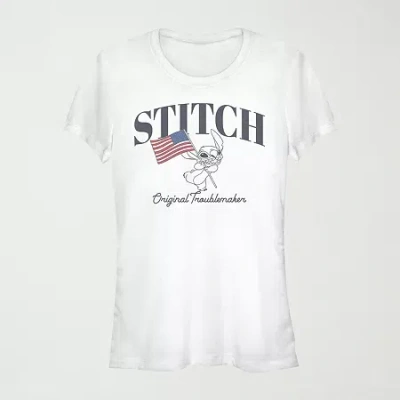 Mad Engine Stitch Flag Womens Juniors Crew Neck Short Sleeve Regular Fit Lilo & Stitch Graphic T-shirt In White