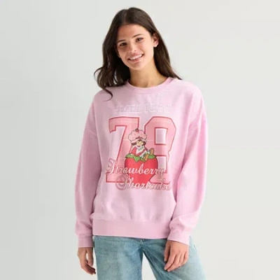 Mad Engine Strawberry Shortcake Crew Fleece Womens Juniors Crew Neck Long Sleeve Embroidered Strawberry Shortca In Pink