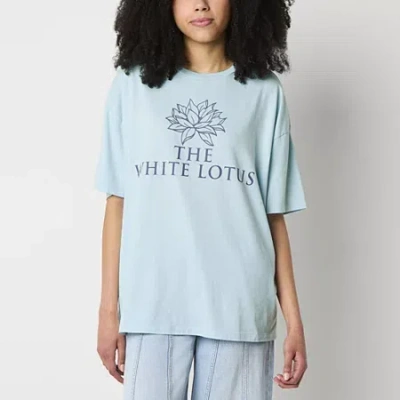Mad Engine The White Lotus Hotel Oversized Tee Womens Juniors Crew Neck Short Sleeve Oversized Graphic T-shirt In Blue