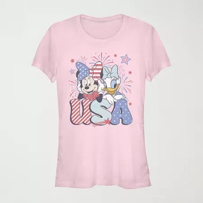 Mad Engine Usa Celebration Womens Juniors Crew Neck Short Sleeve Regular Fit Mickey Mouse Graphic T-shirt In Pink