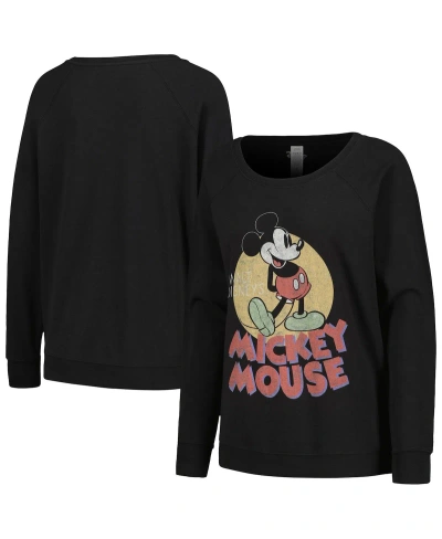 Mad Engine Women's Black Distressed Mickey And Friends Mickey Mouse Raglan Pullover Sweatshirt