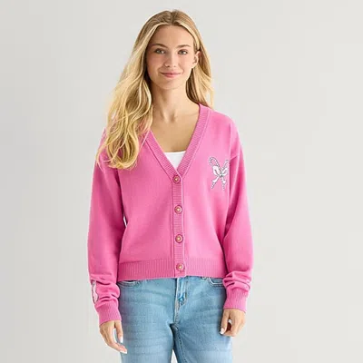 Mad Engine Womens Hooded Long Sleeve Button Grinch Juniors Cardigan In Pink