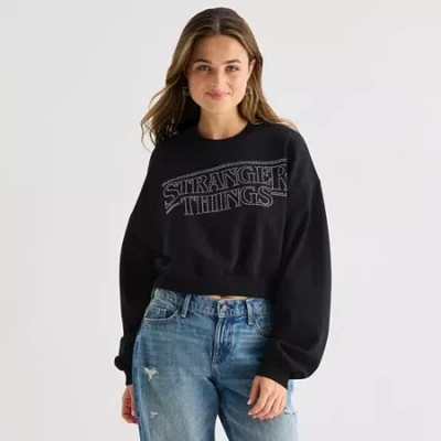 Mad Engine Womens Juniors Crew Neck Long Sleeve Stranger Things Rhinestone Sweatshirt In Black