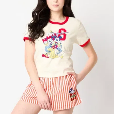 Mad Engine Womens Juniors Crew Neck Short Sleeve Fitted Mickey And Friends Graphic T-shirt In Sand
