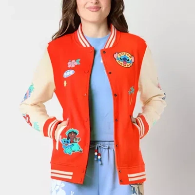 Mad Engine Womens Juniors Lilo & Stitch Fleece Midweight Bomber Varsity Jacket In Red