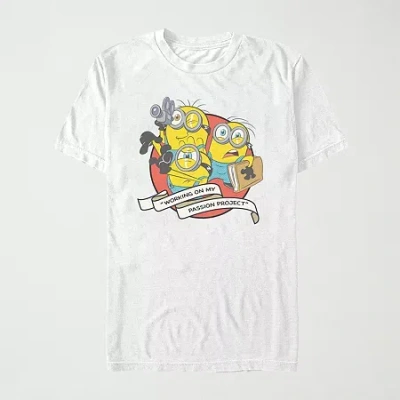 Mad Engine Working On My Passio Womens Juniors Crew Neck Short Sleeve Regular Fit Minions Graphic T-shirt In White