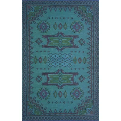 Mad Mats 5' X 8' Apache Outdoor Mat, Black & Aqua, Reversible Mat For Patio, Porch, Deck, Floor Mat