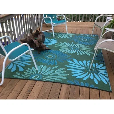 Mad Mats Floral Blue & Green Indoor/outdoor Area Rug - Uv Resistant, Reversible In Blue;green
